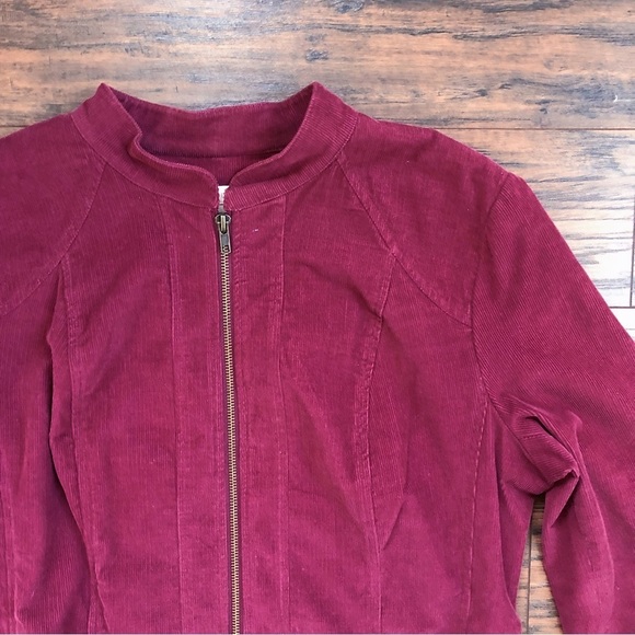 Sandro • burgundy corduroy jacket cropped 3/4 sleeve ruffle trim zip front - Picture 3 of 6